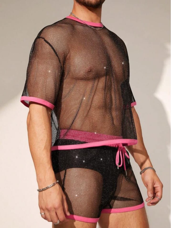 Men's Mesh Loose Fit Sexy Sleepwear T-shirt & Short Set3